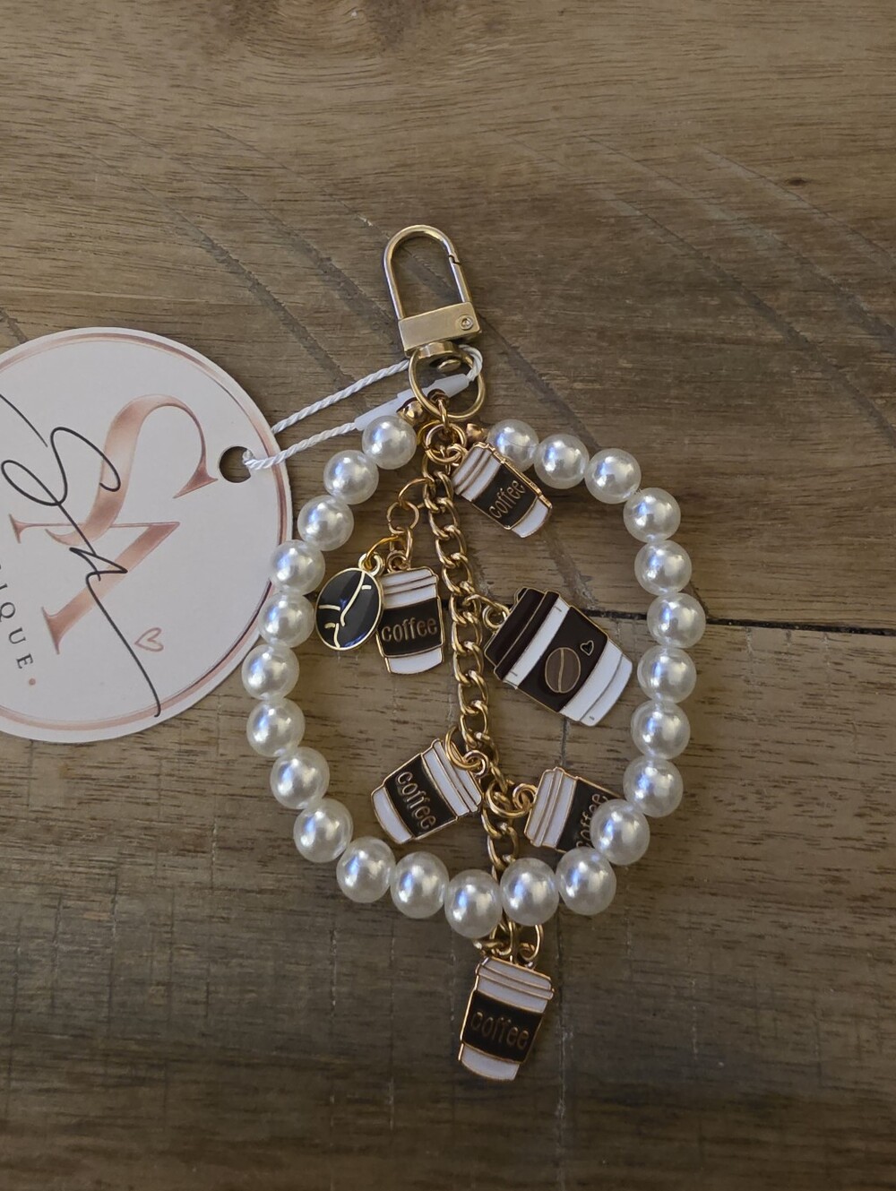Pearl Beaded Coffee Charm Key & Bag Charm - Gold-tone Accents